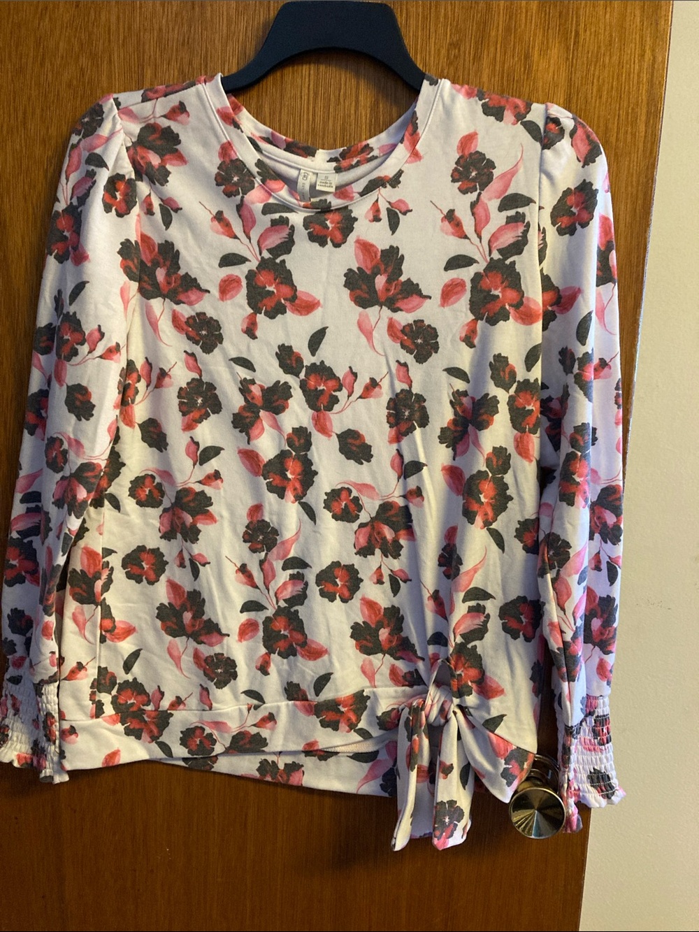 Cato White Floral Tie-Hem Long Sleeve Top